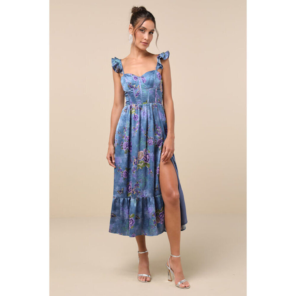 Lulus Sweet Like Sangria Blue Floral Ruffled Bustier Midi Dress - Size XS